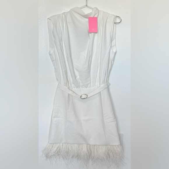 Amanda Uprichard NWT Sullivan Cowlneck Feather Trim Mini Dress in Ivory White - Picture 6 of 11